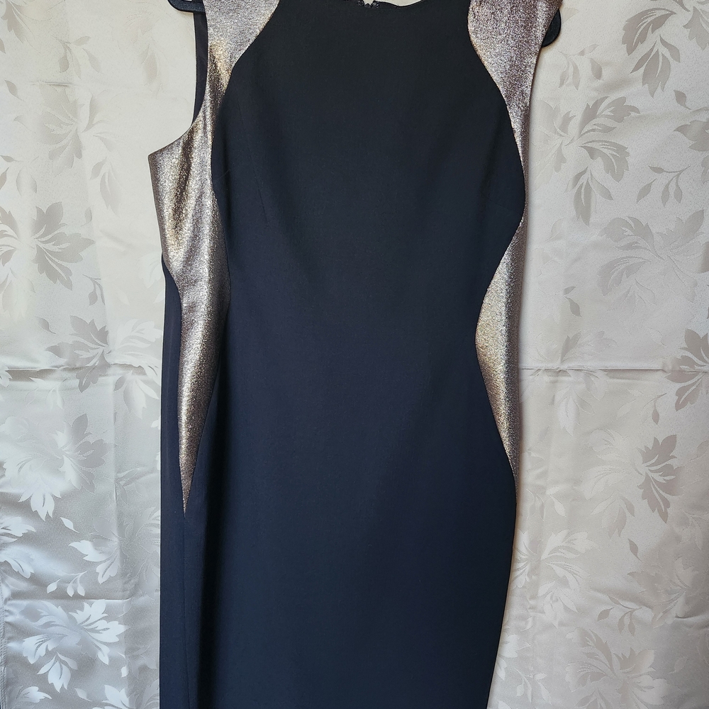 Anne Klein Black Midi Dress with Metallic Gold Panels